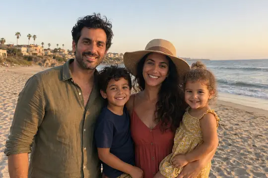 The original colour snapshot: a family of four standing together on a beach at sunset