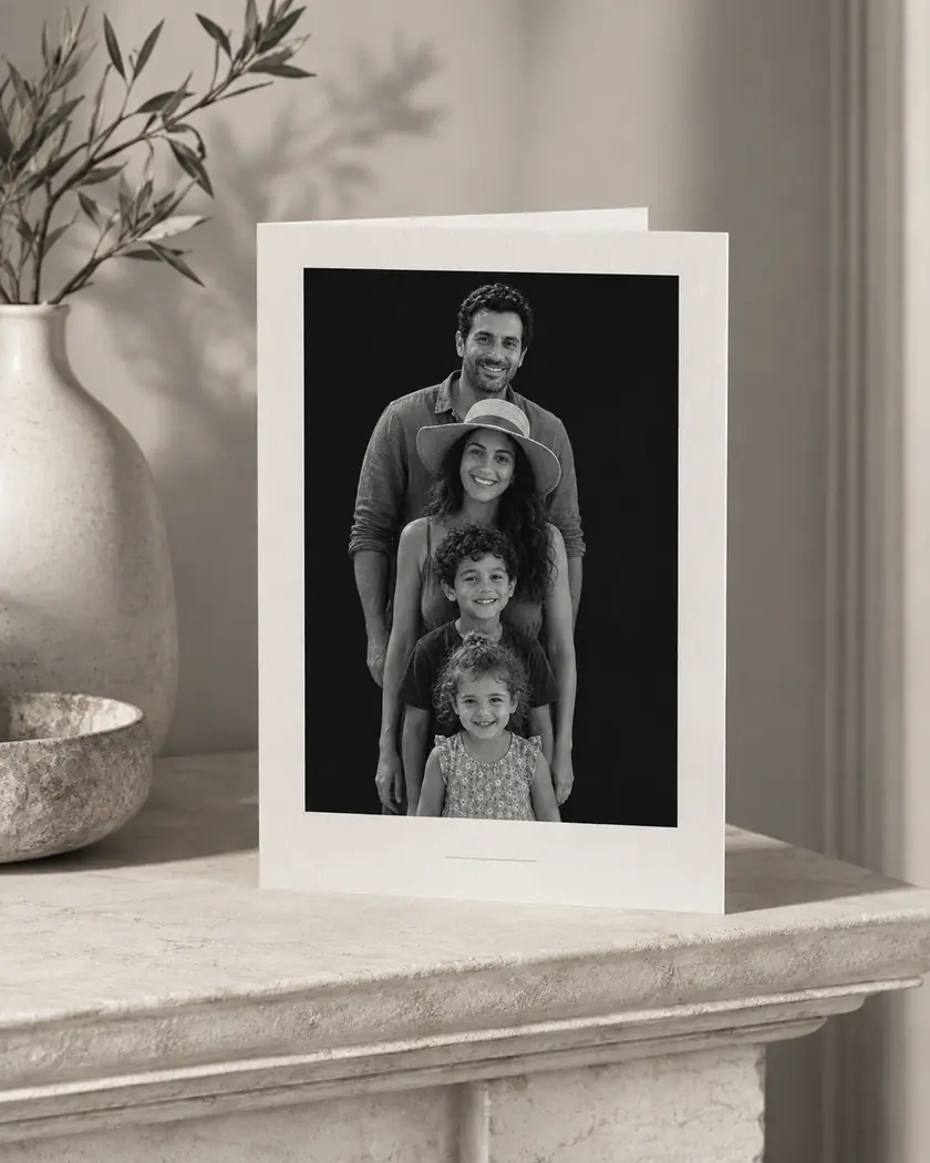 The portrait printed on a folded cream greeting card standing on a stone mantelpiece next to a ceramic vase