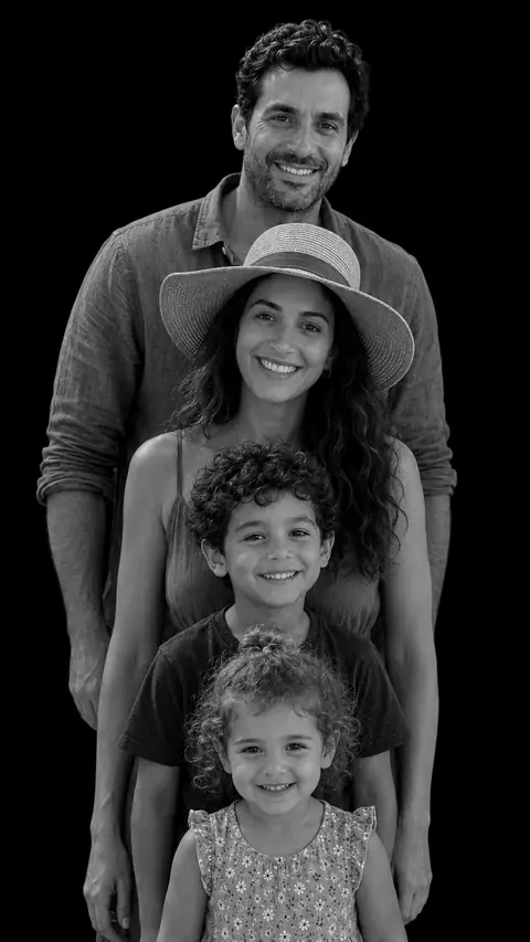A family of four in a stacked monochrome studio portrait: a man at the back, a woman in a wide straw sun hat, a young boy, and a small girl closest to the camera