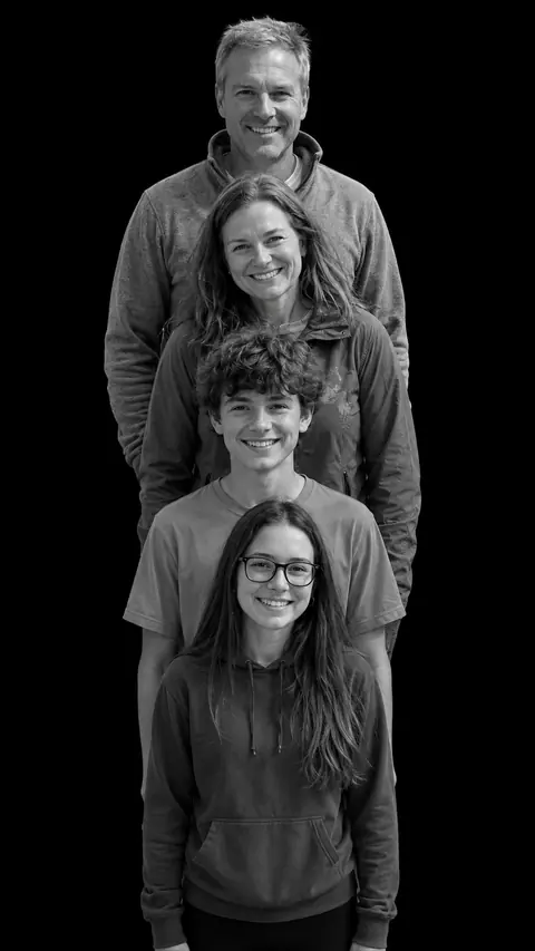 A family of four with two teenagers in a stacked monochrome studio portrait, the parents at the back and the teenage son and daughter in front