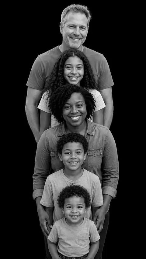 A family of five in a stacked monochrome studio portrait, arranged tallest at the back down to the youngest boy closest to the camera